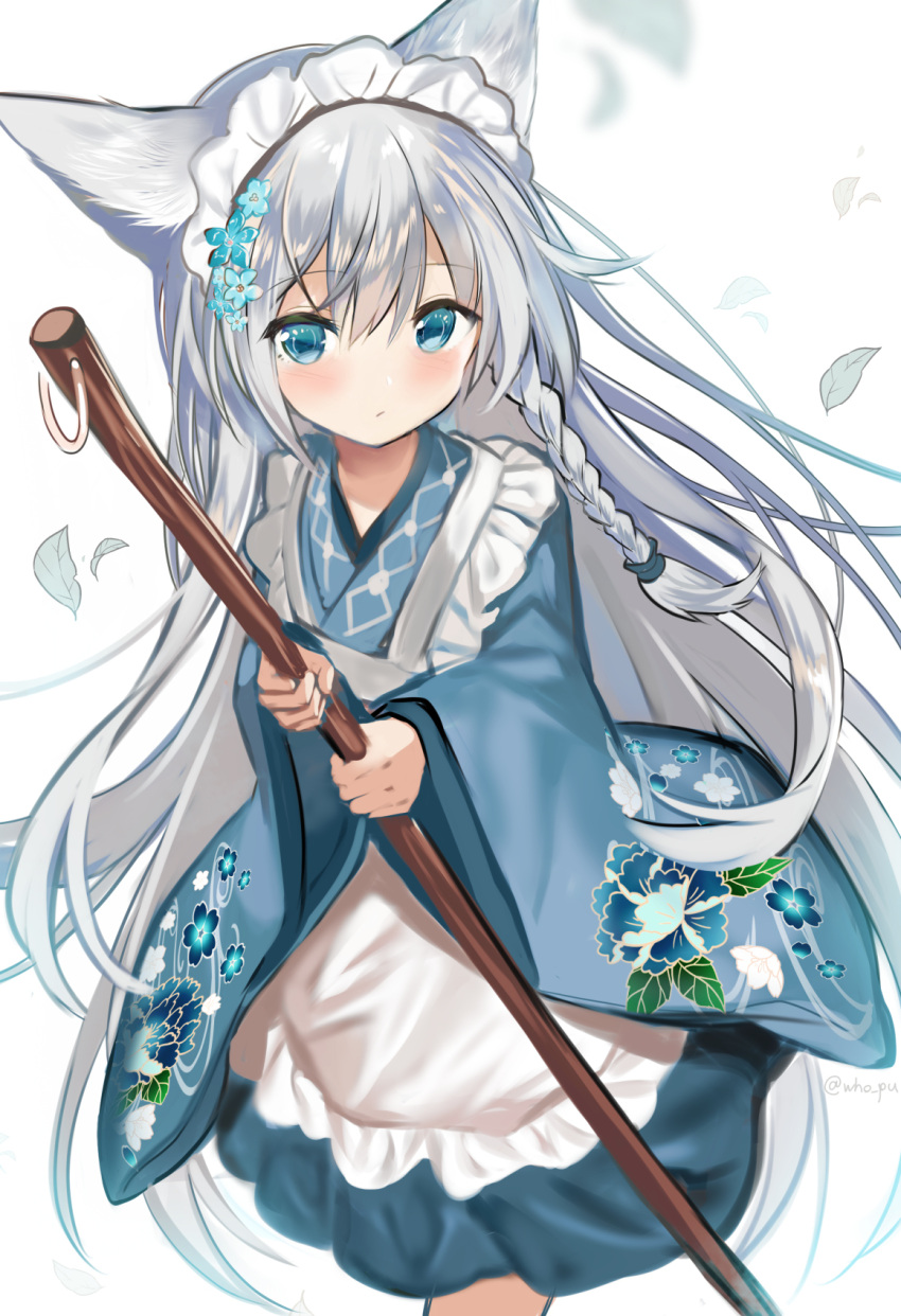 1girl animal_ear_fluff animal_ears apron bangs blue_eyes blue_flower blue_kimono blush braid commentary_request commission eyebrows_visible_through_hair floral_print flower frilled_apron frills fuupu hair_between_eyes hair_flower hair_ornament highres holding japanese_clothes kimono long_hair long_sleeves looking_at_viewer maid_apron maid_headdress original print_kimono silver_hair simple_background sleeves_past_wrists solo very_long_hair wa_maid white_apron white_background wide_sleeves