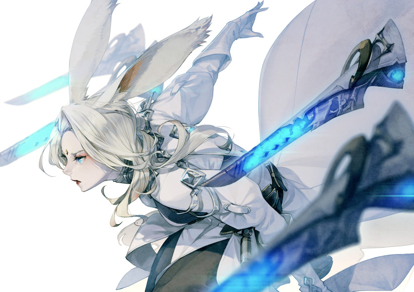 1girl animal_ear_fluff animal_ears blue_eyes blurry blurry_foreground closed_mouth coat eyeshadow final_fantasy final_fantasy_xiv floating floating_object floating_weapon garlean gloves grey_hair gun hatching_(texture) highres kyo_(kuroichigo) lens_flare long_hair makeup rabbit_ears red_lips sage_(final_fantasy) solo viera weapon white_coat white_gloves