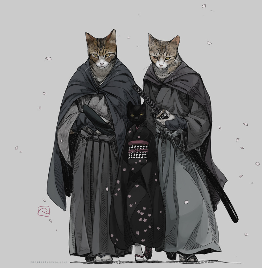 animal black_cat brown_eyes cat closed_mouth commentary_request full_body grey_background hakama height_difference highres holding japanese_clothes katana kokudou_juunigou long_sleeves looking_at_viewer one_eye_closed original ready_to_draw samurai sandals serious sheath sheathed standing sword walking weapon yellow_eyes
