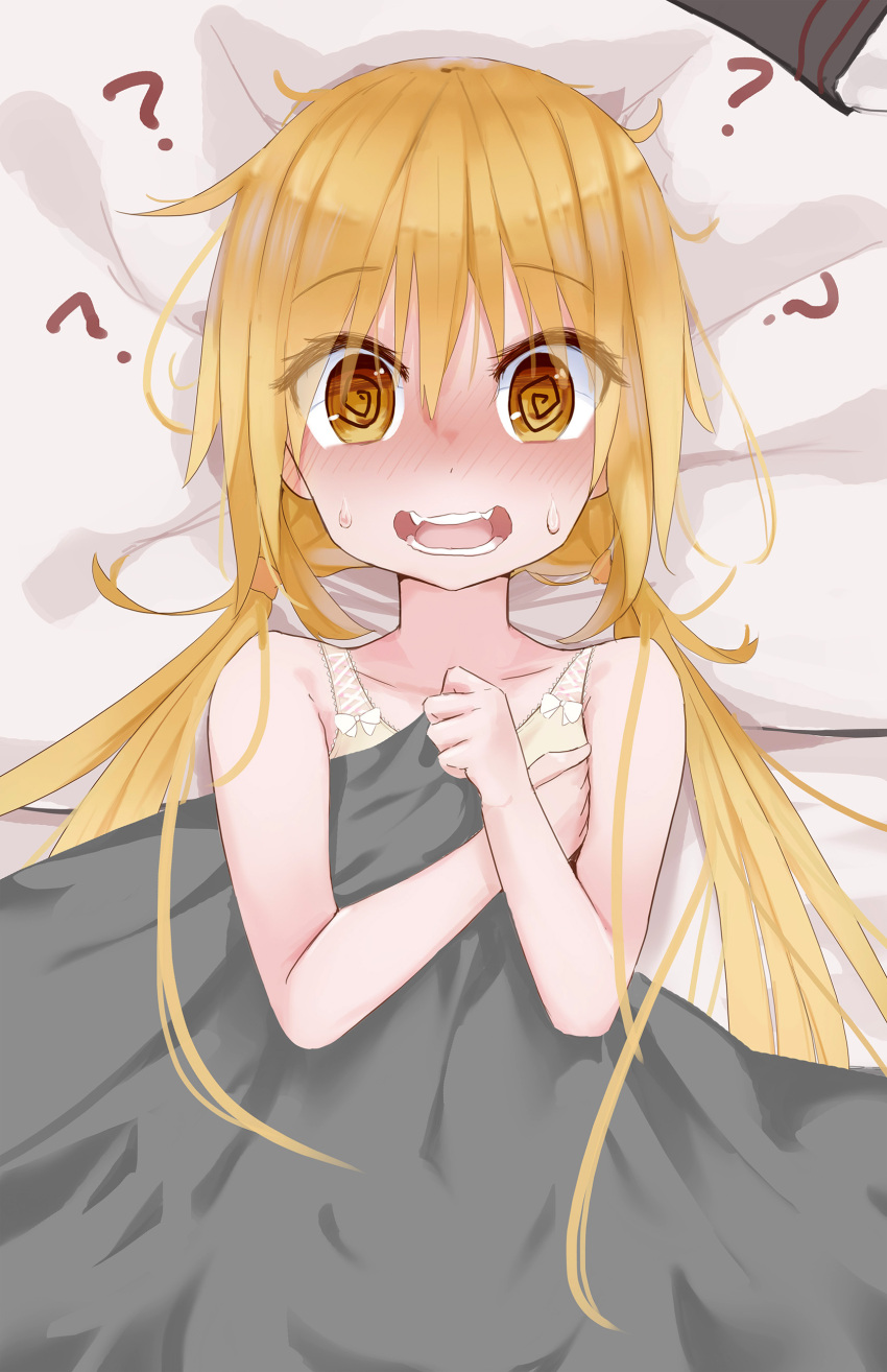 1girl ? @_@ absurdres bed_sheet blonde_hair blush collarbone eyebrows_visible_through_hair hair_between_eyes highres kantai_collection logiclr long_hair looking_at_viewer low_twintails lying on_back open_mouth satsuki_(kancolle) solo twintails upper_body yellow_eyes
