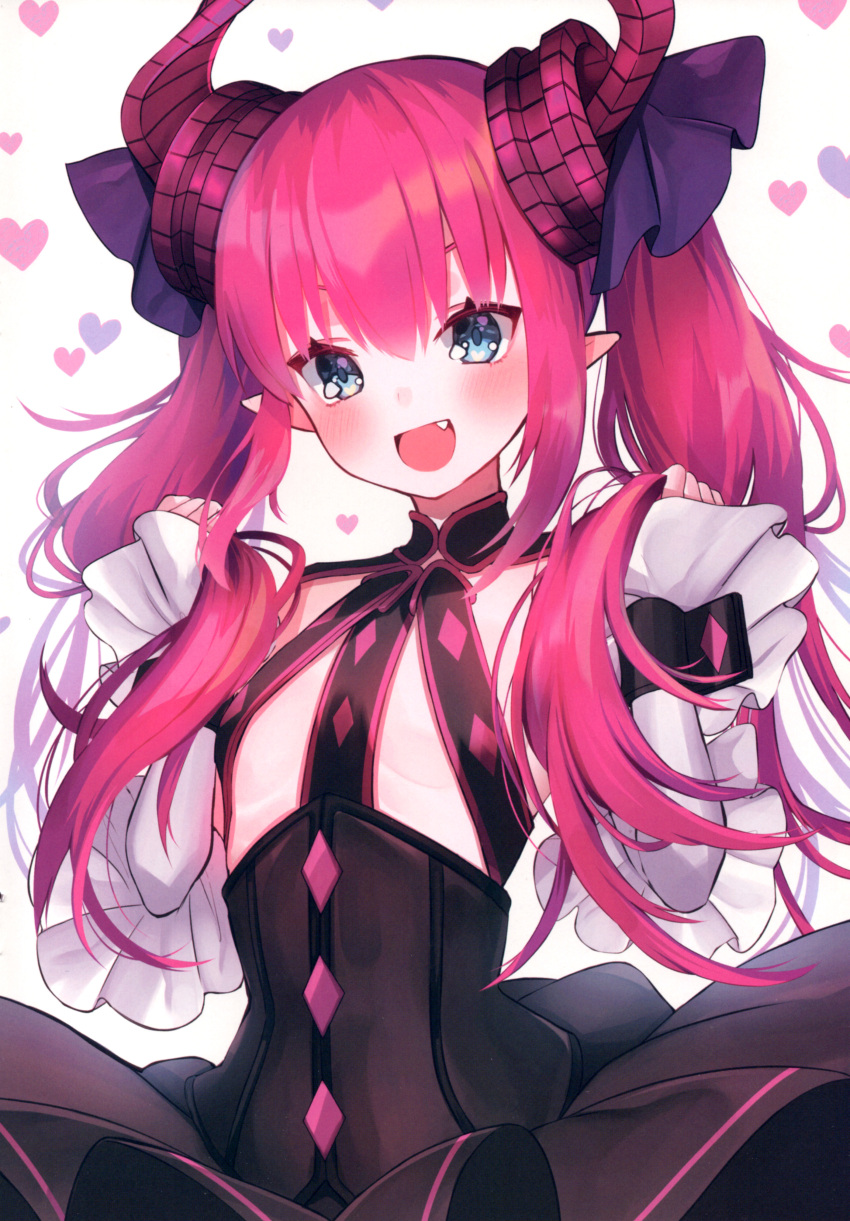1girl absurdres blue_eyes blush breasts curled_horns detached_sleeves dragon_horns elizabeth_bathory_(fate) elizabeth_bathory_(fate)_(all) eyebrows_visible_through_hair fang fate/extra fate/extra_ccc fate/grand_order fate_(series) hair_between_eyes hair_ribbon highres horns long_hair long_sleeves looking_away pink_hair pointy_ears purple_ribbon ribbon scan small_breasts solo suzuho_hotaru two_side_up white_sleeves