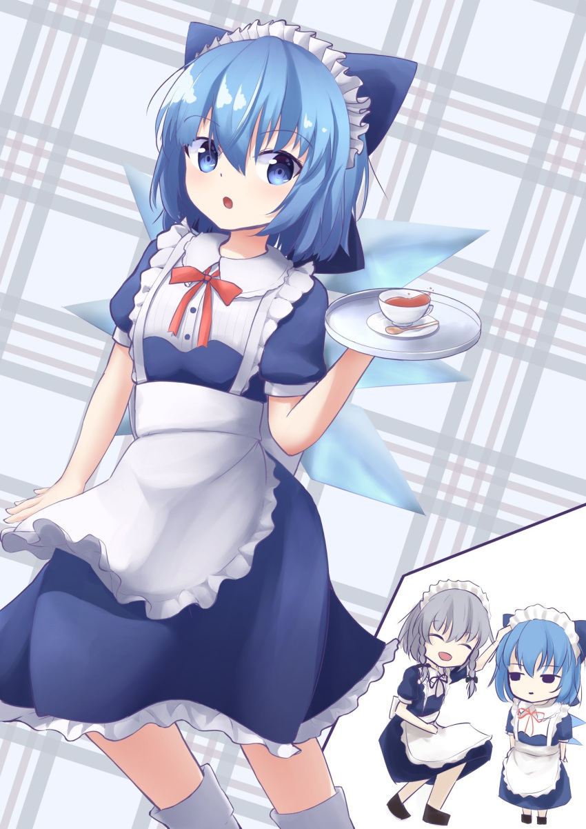 2girls :o alternate_costume apron arm_up black_footwear blue_background blue_dress blue_eyes blue_hair bow braid calf_socks chibi chibi_inset cirno closed_eyes commentary_request cup dress enmaided eyebrows_visible_through_hair feet_out_of_frame hair_between_eyes hair_bow hand_on_another's_head highres holding holding_tray izayoi_sakuya jitome looking_at_viewer maid maid_apron maid_headdress multiple_girls open_mouth petticoat puffy_short_sleeves puffy_sleeves red_neckwear red_ribbon resa_7z_(resastr) ribbon saucer shiny shiny_hair short_hair short_sleeves silver_hair smile squatting striped striped_background teacup teaspoon touhou tray twin_braids white_legwear wings