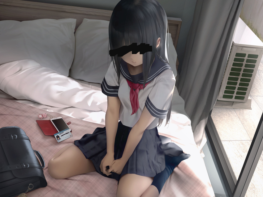 absurdres artist_request bag bed black_hair dress highres long_hair on_bed phone police sailor_dress school_bag sitting sitting_on_bed source_request stocks