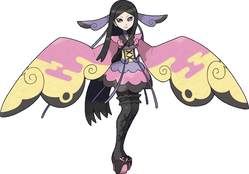 1girl artist_request black_footwear black_hair black_legwear choker closed_mouth collarbone full_body grey_eyes gym_leader hair_ornament high_heels japanese_clothes legs_together long_hair long_sleeves looking_at_viewer official_art pink_ribbon pokemon pokemon_(game) pokemon_xy purple_choker purple_ribbon ribbon sidelocks smile solo standing thigh-highs transparent_background valerie_(pokemon) very_long_hair w_arms wide_sleeves