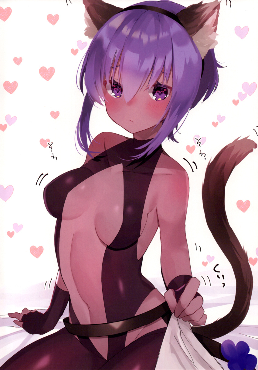 1girl absurdres animal_ear_fluff animal_ears bed_sheet belt black_leotard blush breasts cat_ears cat_tail center_opening dark-skinned_female dark_skin fake_animal_ears fate/grand_order fate/prototype fate/prototype:_fragments_of_blue_and_silver fate_(series) fingerless_gloves gloves hair_between_eyes hairband hassan_of_serenity_(fate) heart heart-shaped_pupils highres leggings leotard looking_at_viewer medium_breasts on_bed purple_hair solo suzuho_hotaru symbol-shaped_pupils tail violet_eyes