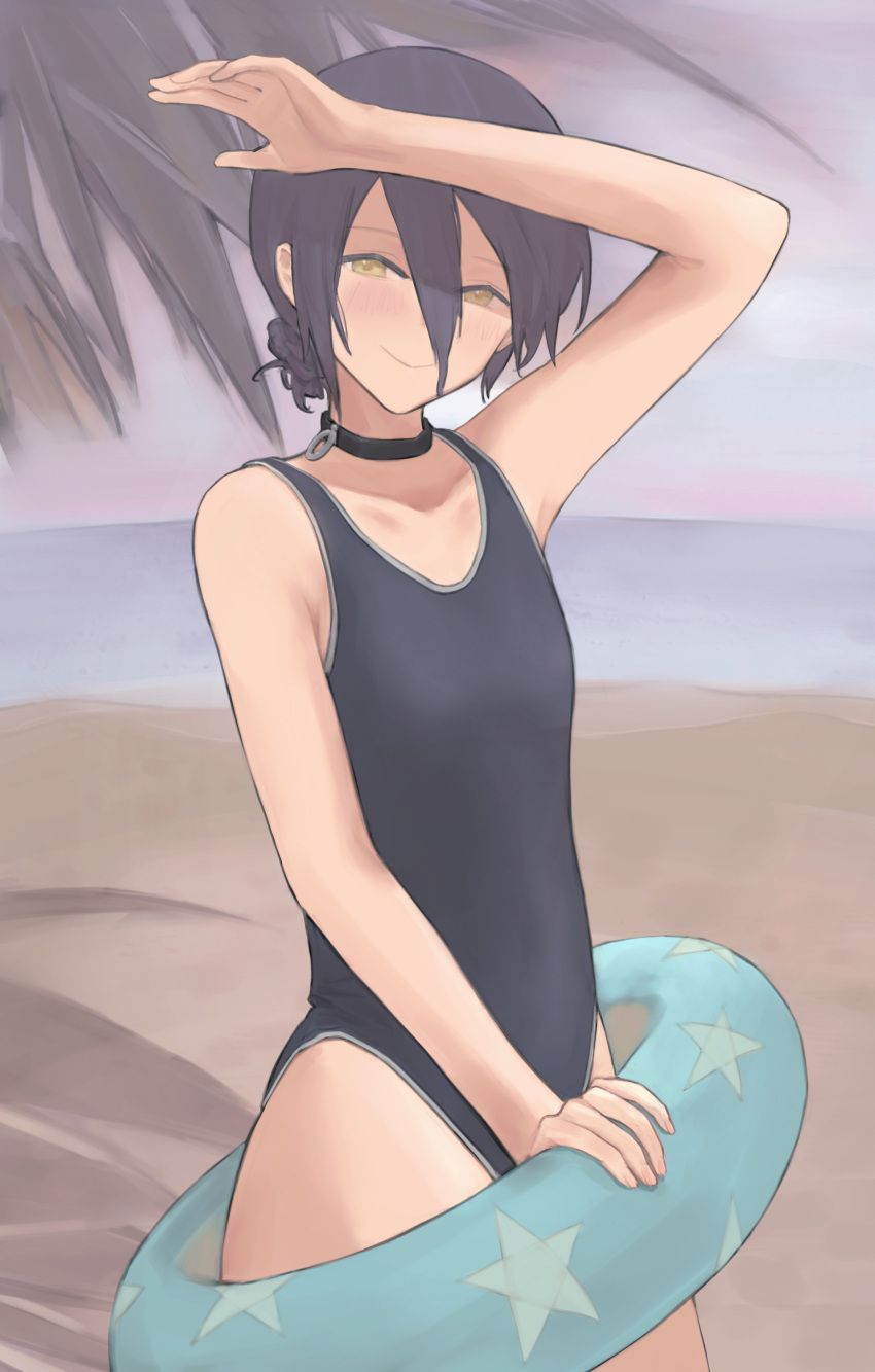 1girl 900p absurdres alternate_costume arm_up beach black_choker black_hair blue_swimsuit blush breasts chainsaw_man choker closed_mouth commentary cowboy_shot grenade_pin hair_between_eyes hair_bun highres innertube looking_at_viewer ocean one-piece_swimsuit outdoors palm_tree reze_(chainsaw_man) school_swimsuit shading_eyes short_hair sleeveless small_breasts smile solo star_(symbol) star_print swimsuit tied_hair tree yellow_eyes