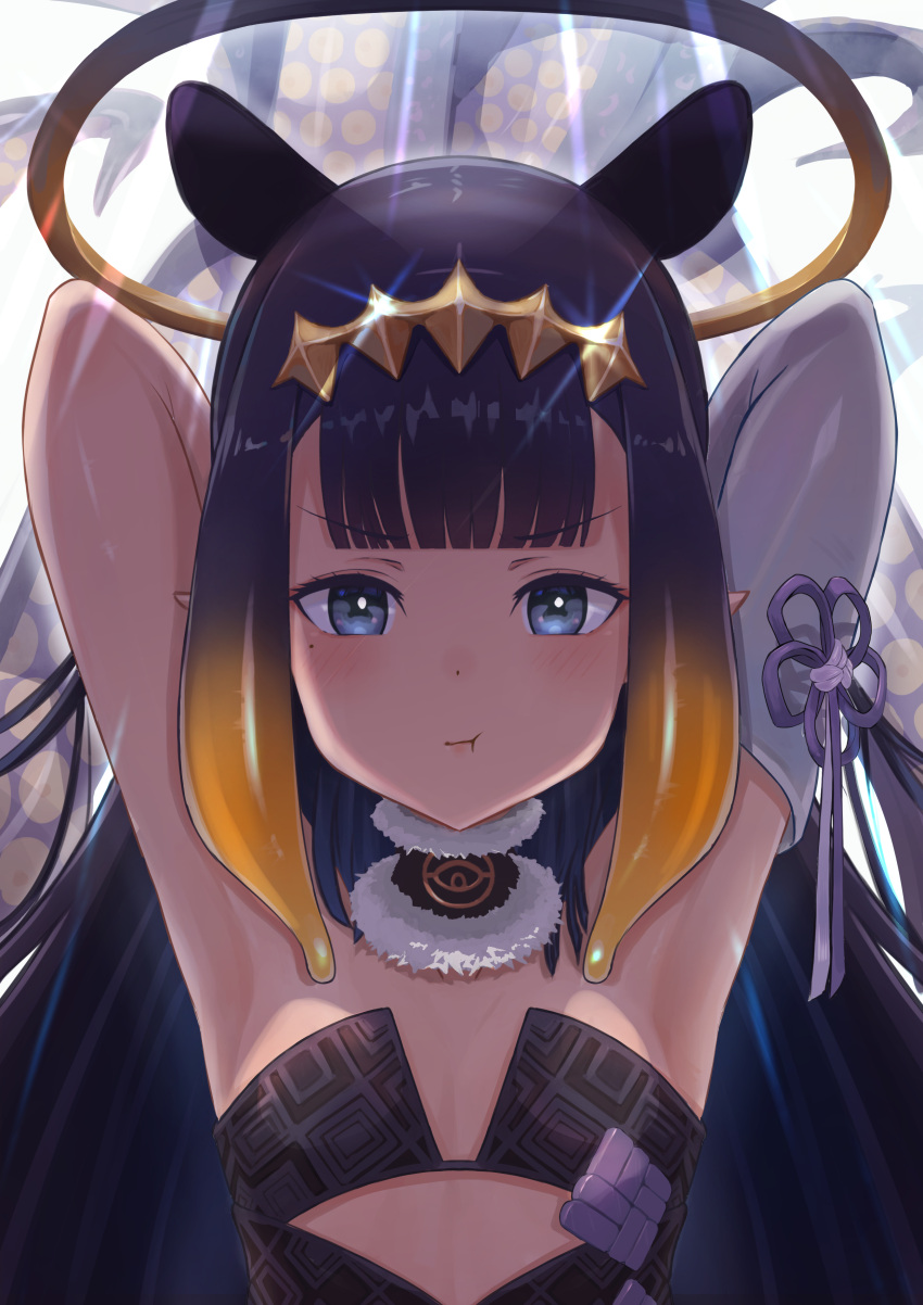 1girl :t absurdres armpits arms_up asymmetrical_gloves bangs blue_eyes blunt_bangs blush breasts dress eyebrows_visible_through_hair fur_choker gloves gradient_hair halo headpiece highres hololive hololive_english long_hair looking_at_viewer mole mole_under_eye multicolored_hair ninomae_ina'nis pointy_ears purple_dress purple_hair sidelocks small_breasts solo strapless tentacle_hair tentacles tyasuzu upper_body virtual_youtuber