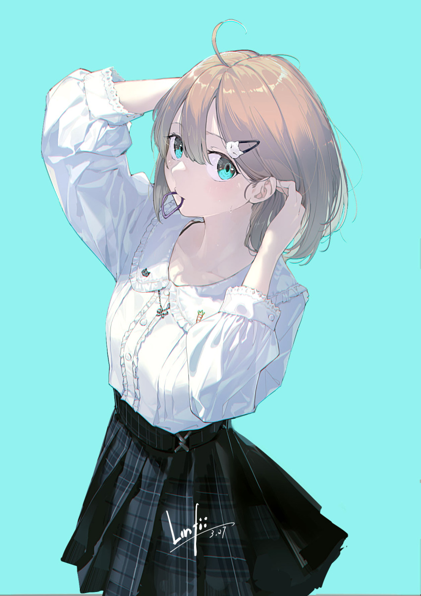 1girl ahoge aqua_eyes arm_behind_head arm_up bangs black_skirt blue_background breasts brown_hair cat_hair_ornament center_frills closed_mouth collarbone collared_shirt commentary_request eyebrows_visible_through_hair frills hair_between_eyes hair_ornament hair_tie hair_tie_in_mouth hairclip hand_up highres lf long_sleeves mouth_hold original plaid plaid_skirt pleated_skirt puffy_long_sleeves puffy_sleeves shirt skirt small_breasts solo sweat white_shirt