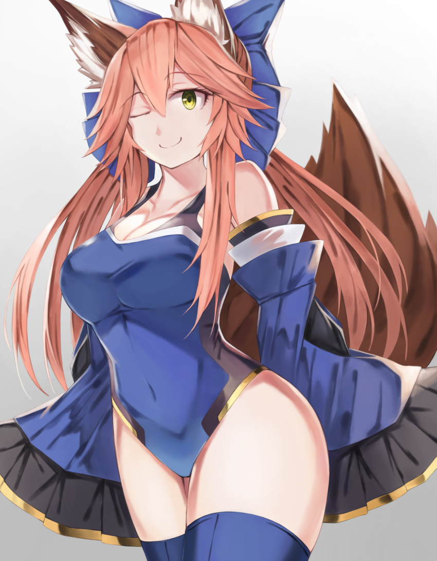 1girl absurdres adapted_costume animal_ear_fluff animal_ears beisaku_bei blue_bow blue_legwear blue_swimsuit bow breasts competition_swimsuit detached_sleeves fate/extra fate/grand_order fate_(series) fox_ears fox_girl fox_tail hair_bow highleg highleg_swimsuit highres large_breasts one-piece_swimsuit one_eye_closed pink_hair swimsuit tail tamamo_(fate)_(all) tamamo_no_mae_(fate) thigh-highs yellow_eyes