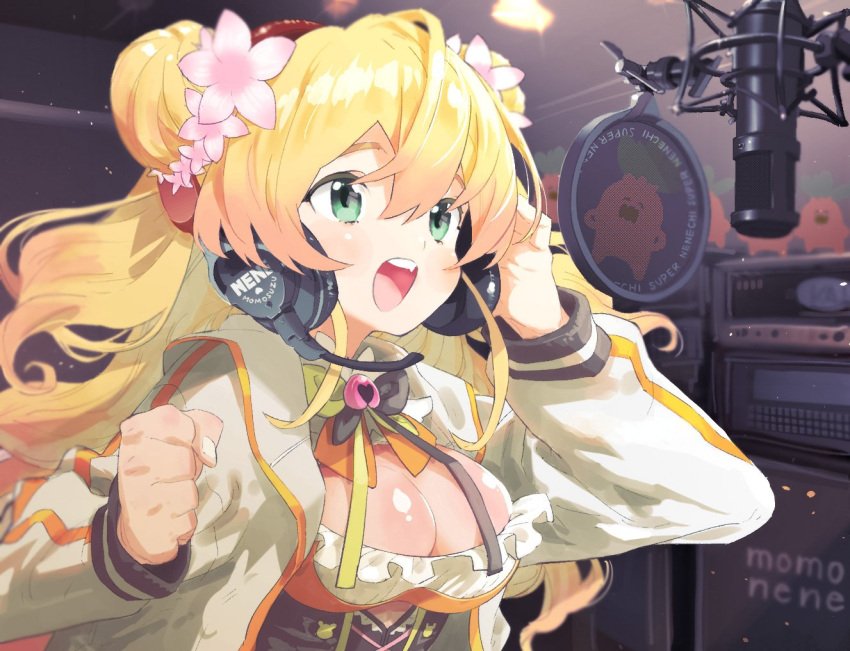 1girl bangs bell blonde_hair blush bow bowtie breasts cleavage_cutout clenched_hand clothing_cutout corset cutout_above_navel double_bun fang flower gradient_hair green_eyes hair_between_eyes hair_flower hair_ornament headphones hololive jacket jingle_bell letterman_jacket long_hair microphone momosuzu_nene multicolored_hair multicolored_neckwear neck_bell nekko_(momosuzu_nene) open_mouth peach_ornament smile solo studio_microphone tamo_(gaikogaigaiko) two_side_up virtual_youtuber white_jacket