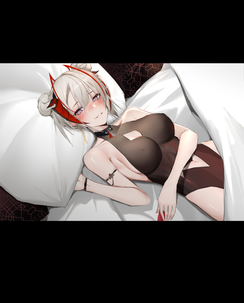 1girl absurdres alternate_hairstyle anming arknights arm_strap bangs bare_shoulders bed_sheet black_leotard blanket blush breasts cleavage_cutout clothing_cutout commentary_request covered_nipples double_bun earrings eyebrows_visible_through_hair highleg highleg_leotard highres horns jewelry large_breasts leotard looking_at_viewer lying navel navel_cutout on_back on_bed parted_lips pillow short_hair smile solo violet_eyes w_(arknights) wristband