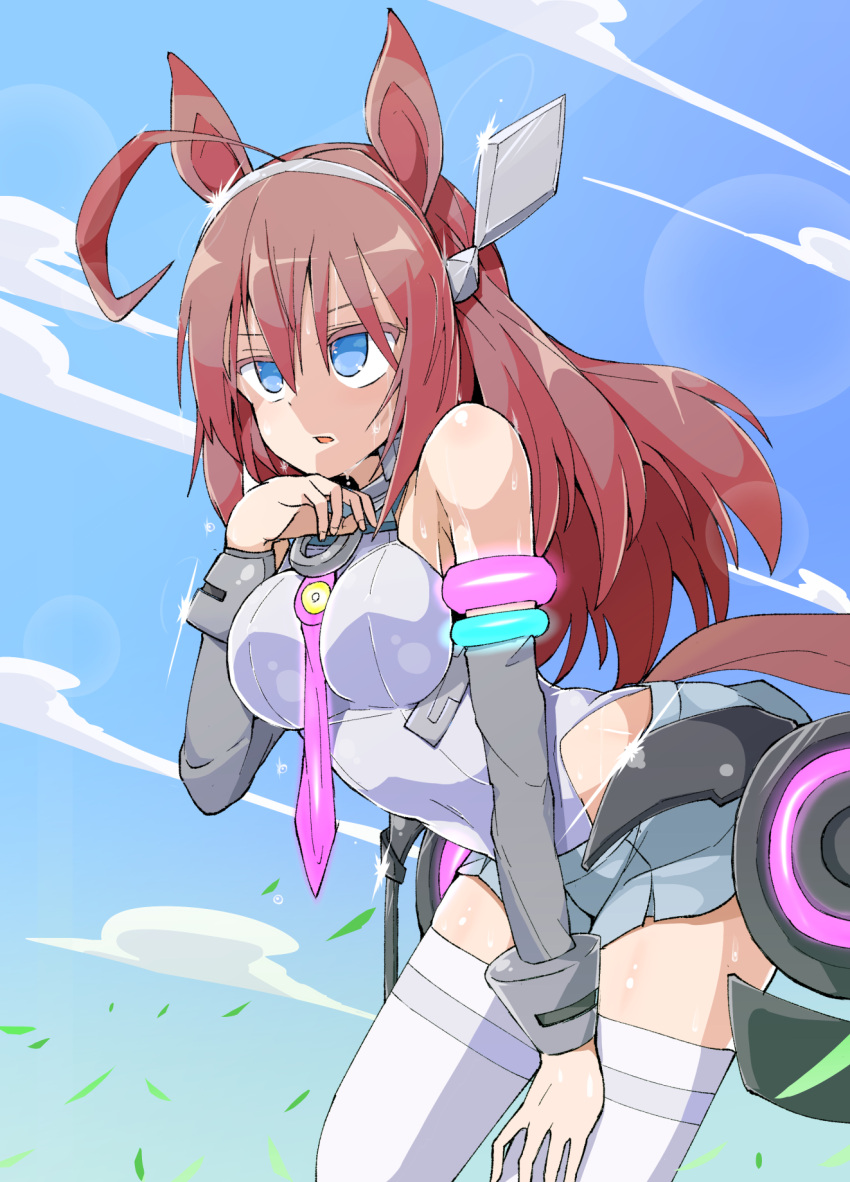 1girl ahoge animal_ears armlet bare_shoulders blue_eyes blue_sky breasts clouds detached_sleeves futomashio hair_between_eyes hand_on_own_chin headgear highres horse_ears horse_girl horse_tail leaning_forward long_hair mihono_bourbon necktie open_mouth redhead sky solo standing sweat tail thigh-highs umamusume