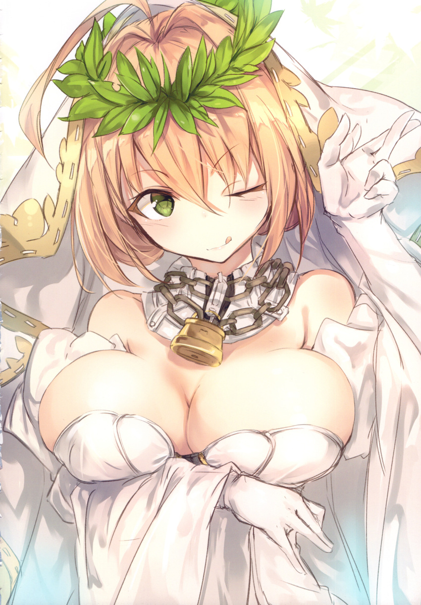 1girl absurdres ahoge bangs blonde_hair breasts chain detached_collar detached_sleeves eyebrows_visible_through_hair fal_maro fate/extra fate/extra_ccc fate/grand_order fate_(series) green_eyes highres juliet_sleeves large_breasts licking_lips long_sleeves looking_at_viewer nero_claudius_(bride)_(fate) nero_claudius_(fate)_(all) one_eye_closed petals puffy_sleeves scan solo tongue tongue_out veil white_sleeves wreath