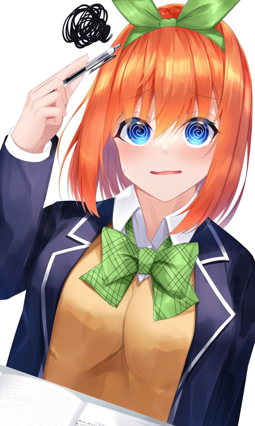 1girl @_@ absurdres arm_up bangs blue_eyes blue_jacket bow breasts collared_shirt commentary_request dutch_angle eyebrows_visible_through_hair go-toubun_no_hanayome green_bow green_ribbon hair_between_eyes hair_ribbon highres holding holding_pencil jacket long_sleeves looking_at_viewer medium_breasts nakano_yotsuba open_clothes open_jacket orange_hair pencil ribbon shirt simple_background sleeves_past_wrists solo squiggle suisen-21 sweater_vest upper_body white_background white_shirt