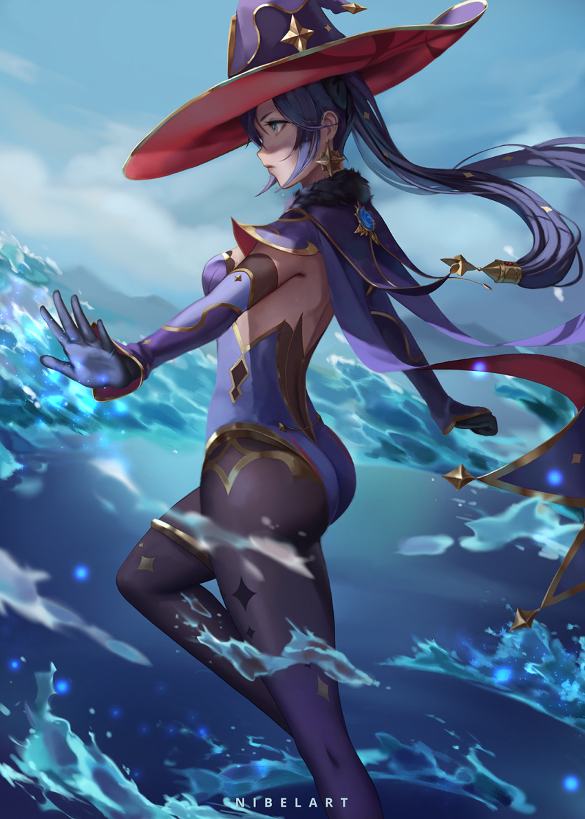 1girl aqua_eyes artist_name ass black_legwear blue_sky cape clouds earrings fur_trim genshin_impact gloves hair_ornament hat highres jewelry leotard md5_mismatch mona_(genshin_impact) nibelart outstretched_arms pantyhose purple_hair sky solo spread_arms twintails water waves witch witch_hat
