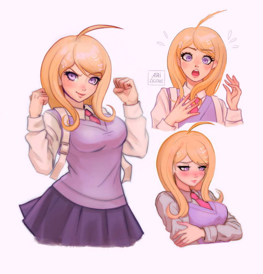 1girl :o ahoge akamatsu_kaede artist_name backpack bag bangs beamed_eighth_notes blonde_hair blush breasts closed_mouth collared_shirt cowboy_shot cropped_legs cropped_torso crossed_arms dangan_ronpa_(series) dangan_ronpa_v3:_killing_harmony eighth_note english_commentary eyebrows_visible_through_hair flying_sweatdrops hair_ornament hand_on_own_chest hands_up highres large_breasts long_hair long_sleeves looking_at_viewer looking_away medium_breasts missarilicious multiple_views musical_note musical_note_hair_ornament necktie open_mouth pink_eyes pink_neckwear pink_vest pleated_skirt purple_sweater quarter_note school_uniform shirt simple_background skirt smile sweater sweater_vest upper_body upper_teeth vest violet_eyes white_background white_shirt