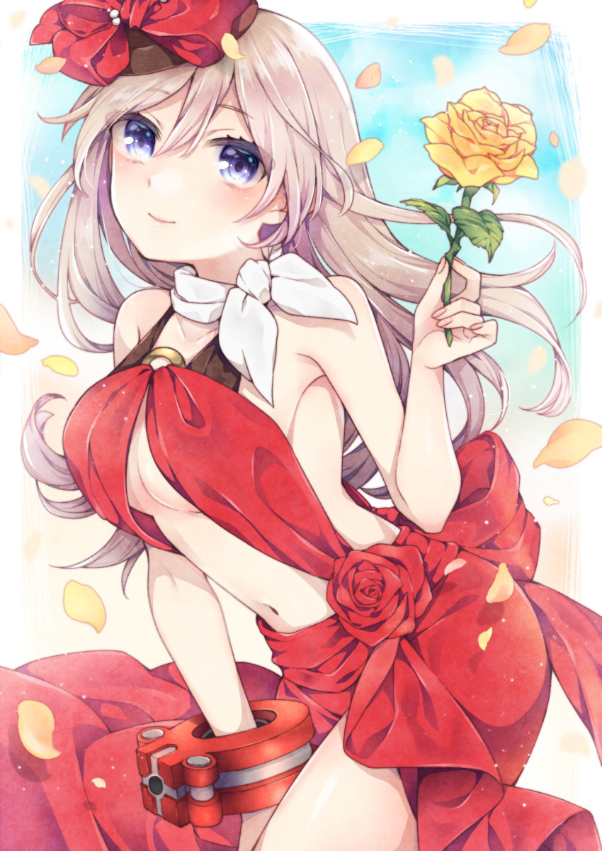 1girl alisa_ilinichina_amiella back_bow bangs bare_shoulders blue_background blue_eyes blush bow breasts center_opening closed_mouth collarbone commentary cowboy_shot dress eyebrows_visible_through_hair flower god_eater hair_between_eyes hand_up highres holding holding_flower io_(1033k) long_hair looking_at_viewer medium_breasts midriff navel o-ring official_alternate_costume petals red_dress red_flower red_ribbon red_rose revealing_clothes ribbon rose scarf sidelocks silver_hair sleeveless sleeveless_dress smile solo standing tilted_headwear under_boob white_scarf yellow_flower yellow_rose