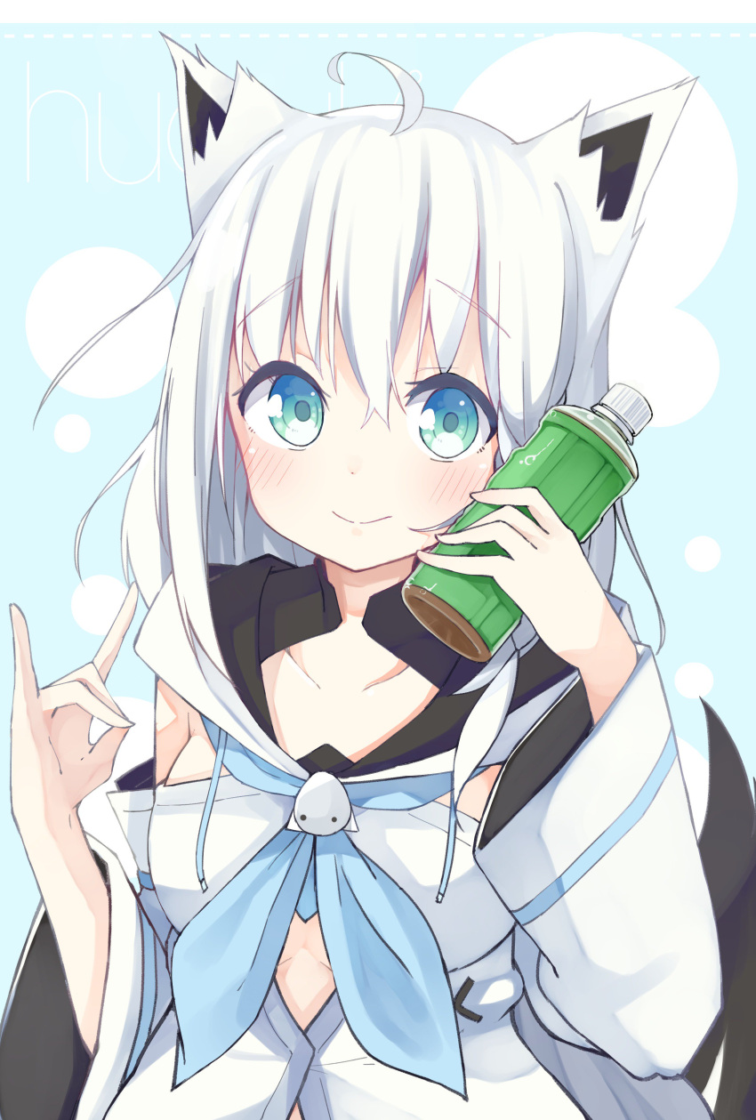 1girl absurdres ahoge animal_ear_fluff animal_ears blue_background blue_eyes blue_neckwear blush bottle closed_mouth collarbone detached_sleeves drawstring fox_ears fox_shadow_puppet hands_up highres holding holding_bottle hololive hood hood_down long_hair long_sleeves looking_at_viewer okota_mikan shirakami_fubuki smile solo upper_body virtual_youtuber white_hair white_sleeves wide_sleeves