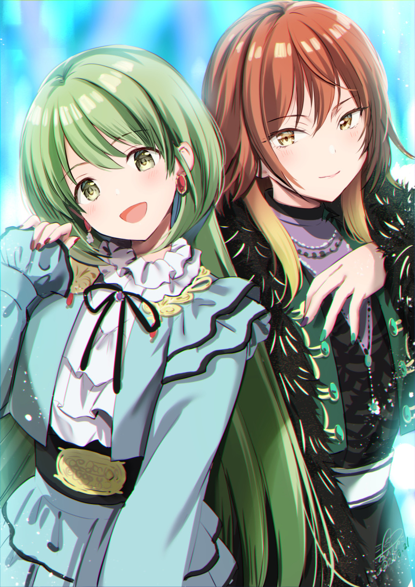 2girls :d aketa_mikoto azuma_yuki black_jacket black_skirt blue_jacket blue_skirt brown_eyes brown_hair closed_mouth earrings gradient_hair green_eyes green_hair green_nails hand_up head_tilt highres idolmaster idolmaster_shiny_colors jacket jewelry layered_skirt long_hair long_sleeves looking_at_viewer multicolored multicolored_hair multicolored_nails multiple_girls nail_polish nanakusa_nichika open_clothes open_jacket open_mouth purple_nails red_nails shirt skirt sleeves_past_wrists smile very_long_hair white_shirt