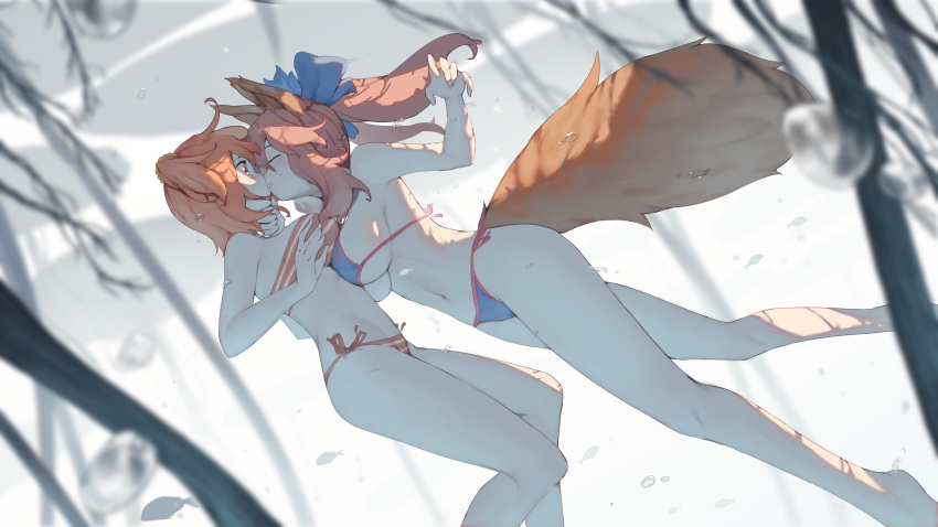2girls absurdres air_bubble animal_ears asymmetrical_docking bare_arms bare_legs bare_shoulders barefoot bikini blue_bow bow breast_press breasts bubble closed_eyes fate/grand_order fate_(series) feet_out_of_frame fish fox_ears fox_girl fox_tail from_side fujimaru_ritsuka_(female) hair_bow hand_on_another's_chin highres looking_at_another medium_breasts multiple_girls navel one_side_up orange_bikini orange_eyes orange_hair orange_ribbon pink_hair pink_ribbon ponytail profile ribbon rou_(rou22) side-tie_bikini sidelocks stomach striped striped_bikini swimsuit tail tamamo_(fate)_(all) tamamo_no_mae_(swimsuit_lancer)_(fate) under_boob underwater wide-eyed yuri