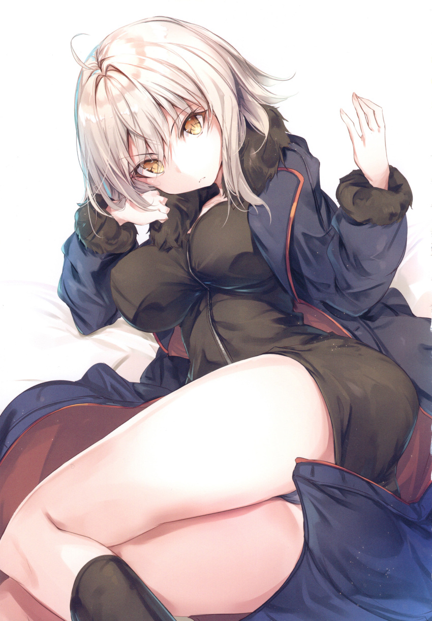 1girl absurdres ahoge alternate_costume ass bangs black_panties breasts fal_maro fate/grand_order fate_(series) highres jacket jeanne_d'arc_(alter)_(fate) jeanne_d'arc_(fate)_(all) looking_at_viewer lying medium_breasts panties pantyshot short_hair silver_hair simple_background solo thigh-highs underwear white_background wicked_dragon_witch_ver._shinjuku_1999 yellow_eyes
