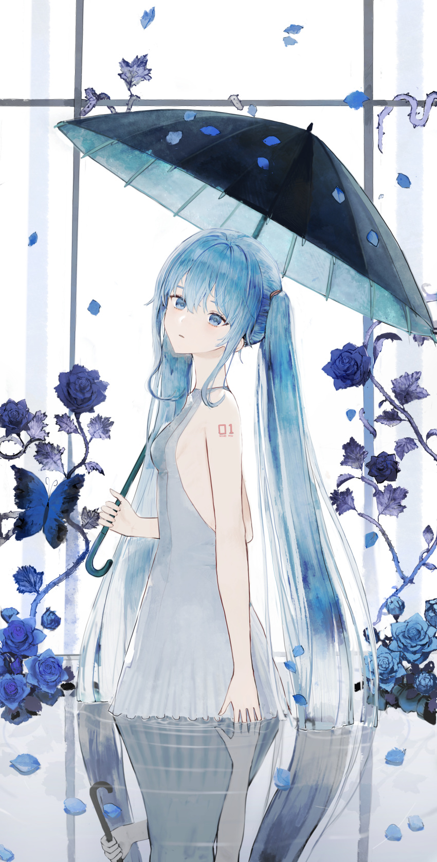 1girl absurdres ah_(pixiv62888100) aqua_eyes aqua_hair blue_butterfly blue_flower blue_rose bug butterfly dress flower hatsune_miku highres holding holding_umbrella insect ivy long_hair looking_at_viewer partially_submerged petals reflection rose sleeveless sleeveless_dress solo twintails umbrella very_long_hair vocaloid white_dress window