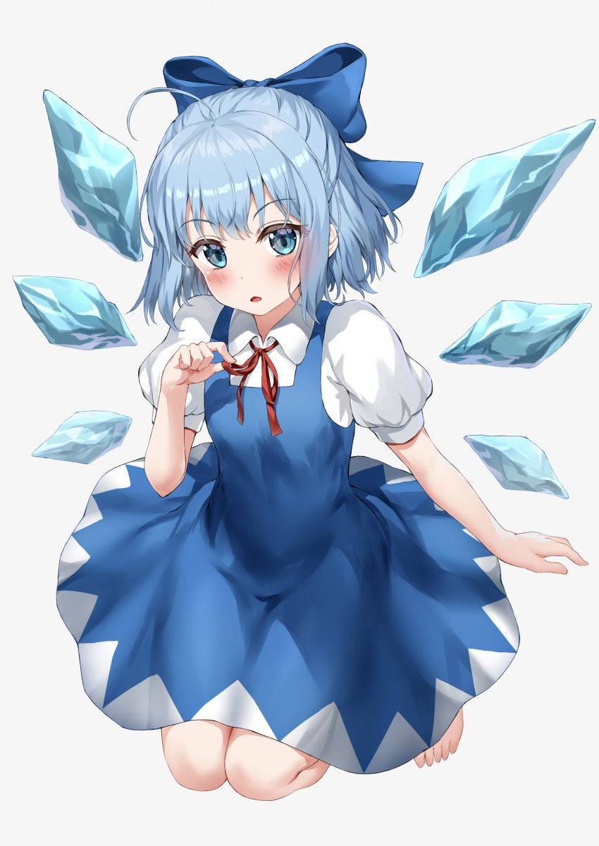 1girl :o absurdres ahoge bangs barefoot blue_bow blue_dress blue_eyes blue_hair blush bow cirno collared_shirt dress eyebrows_visible_through_hair flat_chest full_body hair_bow hand_up highres holding ice ice_wings kneeling looking_at_viewer nedia_(nedia_region) parted_lips pinafore_dress puffy_short_sleeves puffy_sleeves red_neckwear red_ribbon ribbon shirt short_hair short_sleeves simple_background solo toes touhou white_background white_shirt wing_collar wings