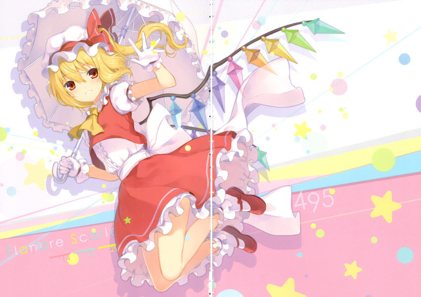 1girl 6u_(eternal_land) absurdres ascot blonde_hair bloomers character_name crease flandre_scarlet gloves hat heart heart_hands highres looking_at_viewer mary_janes mob_cap open_mouth orange_eyes parasol ribbon scan scan_artifacts shoes side_ponytail smile solo touhou umbrella underwear white_gloves