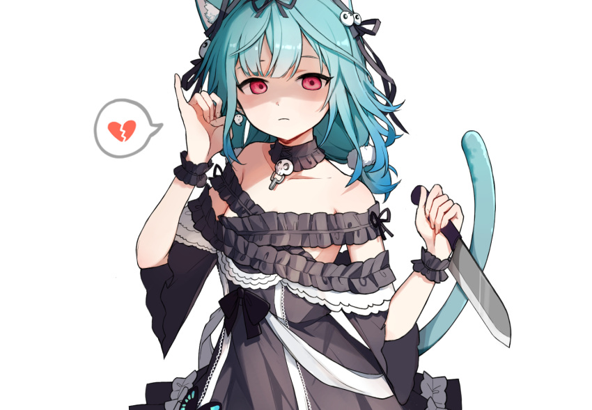 1girl animal_ear_fluff animal_ears bare_shoulders black_dress broken_heart cat_ears cat_tail collarbone detached_collar dress flat_chest frown ghost_earrings green_hair heart holding holding_knife hololive kemonomimi_mode knife off-shoulder_dress off_shoulder red_eyes saple shaded_face short_twintails solo speech_bubble spoken_heart tail twintails uruha_rushia virtual_youtuber yandere