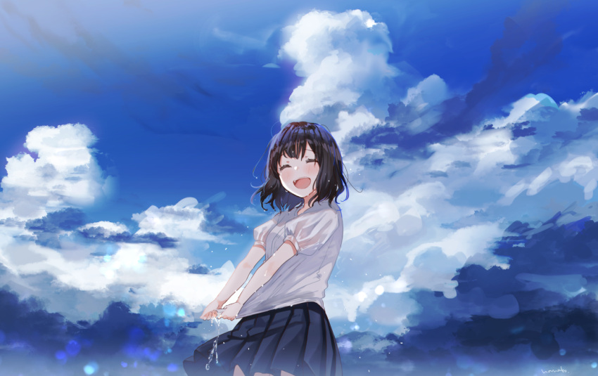 1girl :d bangs black_hair blue_skirt blue_sky blush brown_hair closed_eyes clouds cloudy_sky day eyebrows_visible_through_hair hanako151 open_mouth original outdoors pleated_skirt puffy_short_sleeves puffy_sleeves school_uniform shiny shiny_hair shirt short_sleeves skirt sky smile solo standing water wet wet_clothes wet_hair wet_shirt white_shirt wringing_clothes