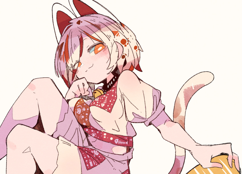1girl :3 animal_ears bangs bell breasts bright_pupils brown_hair calico cat_ears cat_tail closed_mouth coin eyebrows_visible_through_hair eyes_visible_through_hair from_side goutokuji_mike holding holding_coin looking_at_viewer ma_sakasama maneki-neko medium_breasts multicolored multicolored_clothes multicolored_hair multicolored_shirt multicolored_shorts multicolored_tail navel neck_bell orange_eyes orange_hair puffy_short_sleeves puffy_sleeves short_sleeves shorts simple_background sitting smile solo streaked_hair tail touhou white_background white_hair white_pupils