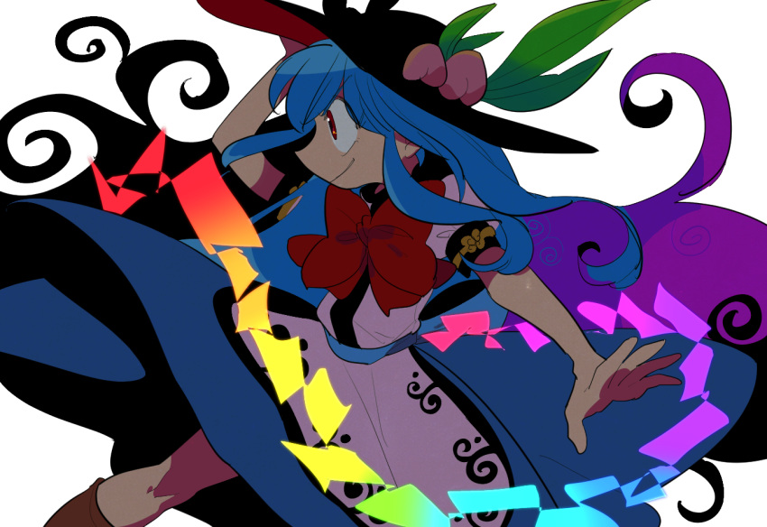 1girl black_headwear blue_hair blue_skirt bow bowtie food from_side fruit furukawa_(yomawari) hand_on_headwear hand_up hat hat_ornament hinanawi_tenshi long_hair long_skirt outstretched_arm peach red_eyes red_neckwear shide shirt short_sleeves simple_background skirt smile solo touhou white_background white_shirt