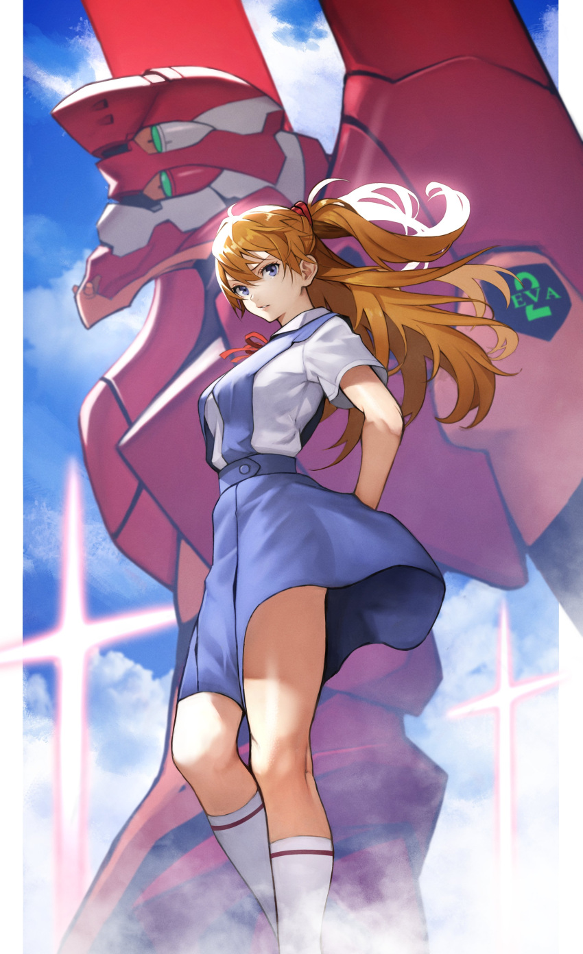 1girl absurdres arms_behind_back blue_skirt breasts brown_hair commentary_request cross day eva_02 feet_out_of_frame highres interface_headset kneepits long_hair long_skirt looking_at_viewer mecha medium_breasts multicolored_hair neon_genesis_evangelion pigeon-toed school_uniform skirt socks solo_focus souryuu_asuka_langley standing thighs two-tone_hair wind wind_lift yoshio_(55level)