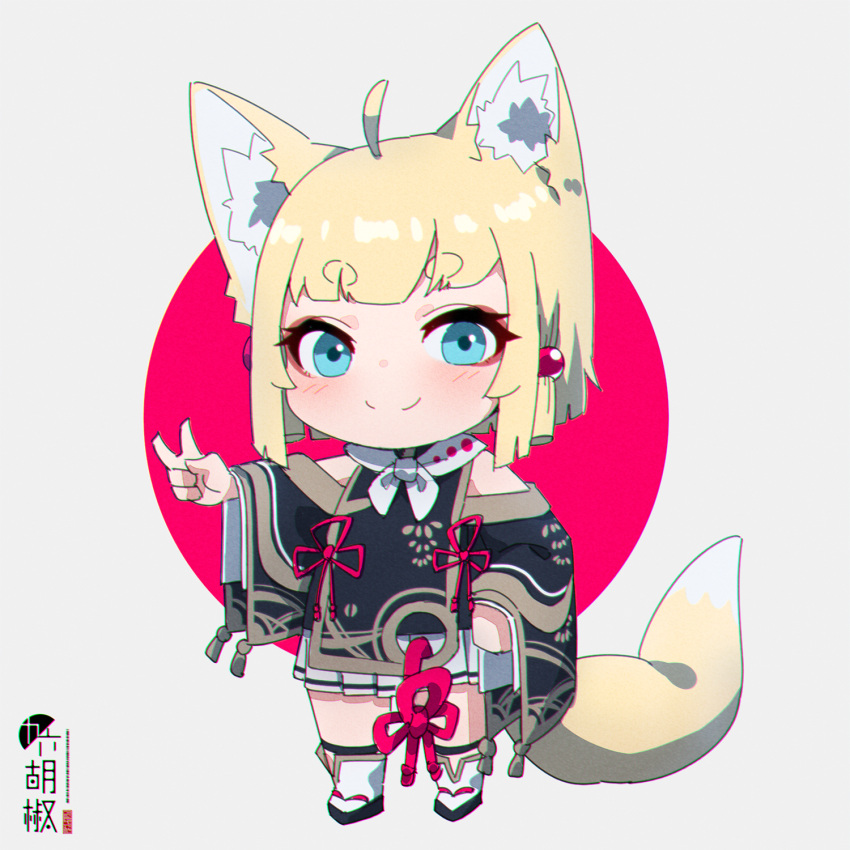 1girl ahoge animal_ear_fluff animal_ears bangs bare_shoulders black_footwear blonde_hair blue_eyes blush chibi closed_mouth commentary_request eyebrows_visible_through_hair fox_ears fox_girl fox_tail grey_background grey_skirt hand_on_hip highres kuro-chan_(kuro_kosyou) kuro_kosyou long_sleeves original outstretched_arm pleated_skirt red_background short_eyebrows skirt smile solo tabi tail thick_eyebrows two-tone_background v white_legwear wide_sleeves zouri