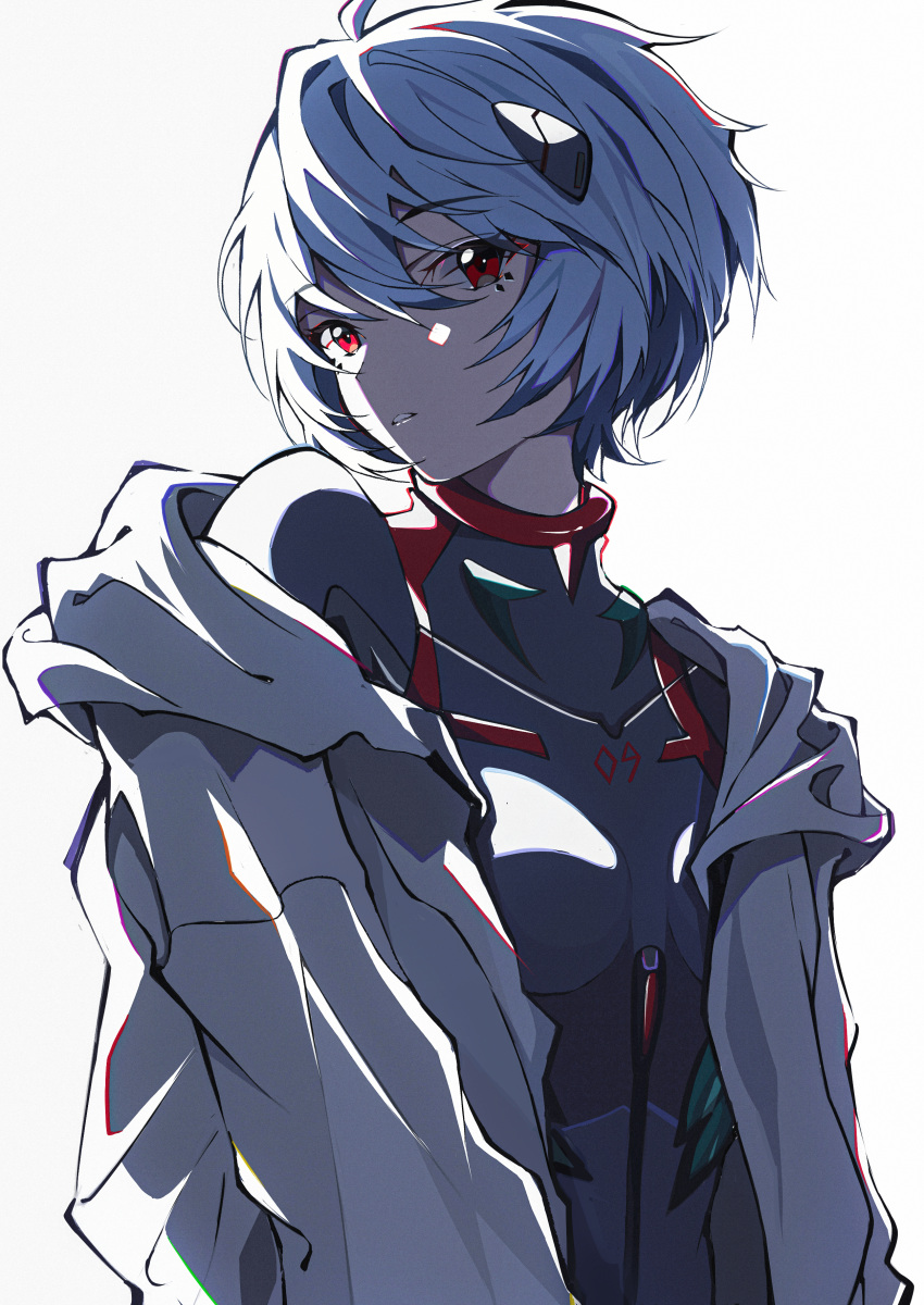 1girl absurdres ayanami_rei black_bodysuit blue_hair bodysuit evangelion:_3.0_you_can_(not)_redo eyebrows_visible_through_hair hair_ornament highres hood hooded_jacket jacket neon_genesis_evangelion off_shoulder open_clothes open_jacket parted_lips pension_z plugsuit rebuild_of_evangelion red_eyes short_hair simple_background solo thick_outlines upper_body white_background white_jacket