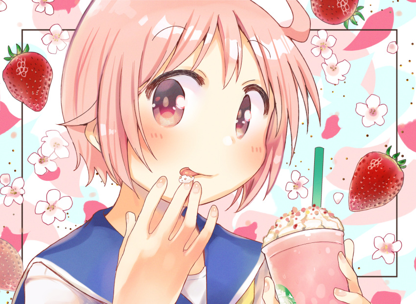 1girl :p ahoge bangs blue_sailor_collar blush commentary_request cream cup disposable_cup drinking_straw eyebrows_visible_through_hair finger_licking fingernails floral_background flower food food_on_finger food_themed_background frappuccino fruit hands_up highres holding holding_cup licking looking_at_viewer multicolored multicolored_background neckerchief nonohara_yuzuko pink_eyes pink_hair portrait sailor_collar school_uniform school_uniform_(yuyushiki) serafuku shiny shiny_hair shirt short_hair smile solo starbucks strawberry strawberry_background tatsunokosso tongue tongue_out white_flower white_shirt yellow_neckwear yuyushiki