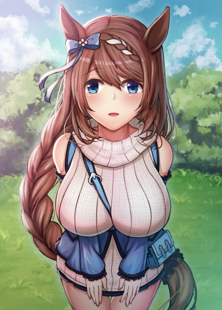 1girl :d aiban animal_ears bag beige_sweater between_breasts blue_bow blue_eyes blue_skirt blue_sky blush bow braid braided_ponytail breasts brown_hair bush clouds eyebrows_visible_through_hair grass hair_bow handbag highlights highres horse_ears horse_girl horse_tail large_breasts looking_at_viewer multicolored_hair open_mouth outdoors pleated_skirt ribbed_sweater sidelocks skirt sky sleeveless_sweater smile solo strap_between_breasts super_creek sweater tail turtleneck turtleneck_sweater umamusume