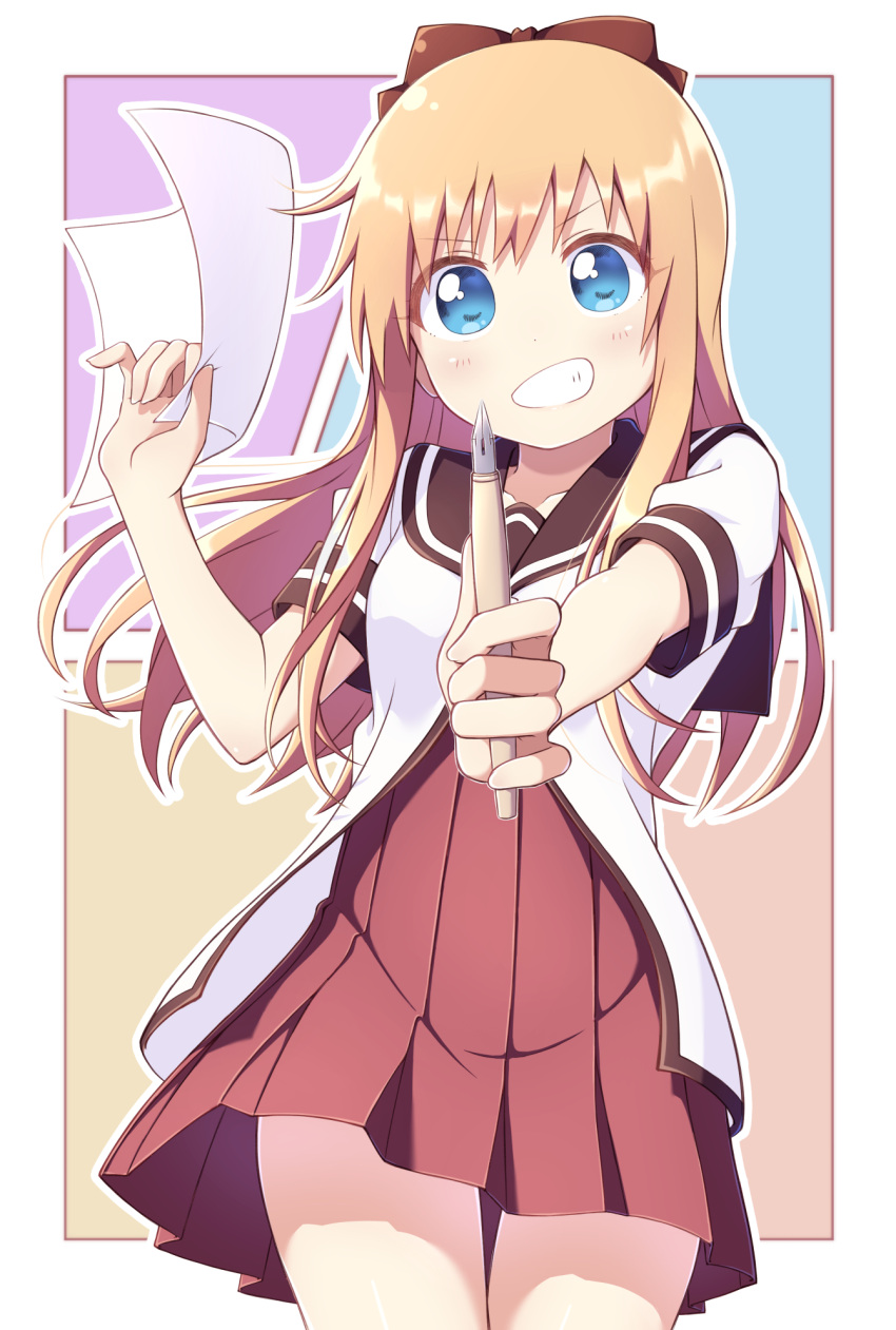 1girl bangs black_sailor_collar blonde_hair blue_eyes blush border bow brown_bow commentary cowboy_shot dress grin hair_bow hands_up happy highres holding holding_paper holding_pen long_hair looking_at_viewer multicolored multicolored_background nanamori_school_uniform nib_pen_(object) outline outside_border outstretched_arm paper pen pleated_dress pontasu red_dress sailor_collar sailor_dress school_uniform serafuku shiny shiny_hair shirt short_sleeves smile solo standing toshinou_kyouko white_border white_outline white_shirt yuru_yuri