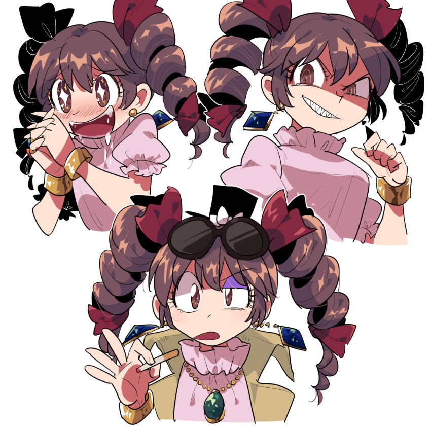 +_+ 1girl black_headwear blush bracelet brown_eyes brown_hair cigarette dress drill_hair drooling eyewear_on_head furukawa_(yomawari) hair_ribbon hat highres holding holding_cigarette jewelry medium_hair mini_hat mini_top_hat multiple_views open_mouth own_hands_together pendant pink_dress puffy_short_sleeves puffy_sleeves red_ribbon ribbon sharp_teeth short_sleeves simple_background smile sunglasses teeth top_hat touhou twin_drills white_background yorigami_jo'on