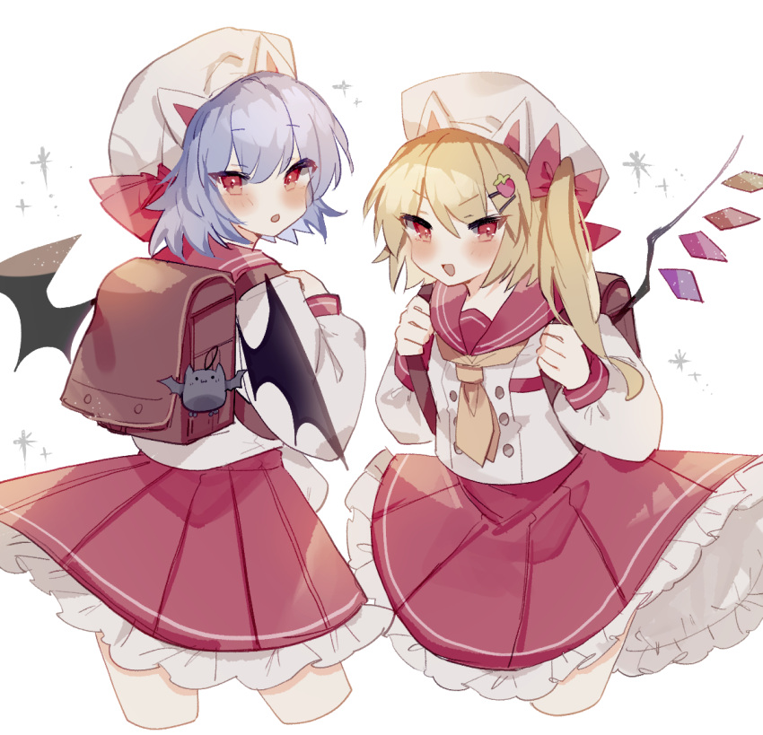 2girls alternate_costume backpack bag bag_charm bangs bat bat_wings blonde_hair blush bow buttons charm_(object) collar commentary_request cropped_legs crystal eyebrows_visible_through_hair flandre_scarlet frilled_skirt frills hat hat_bow holding_strap light_purple_hair long_sleeves looking_at_viewer looking_back multiple_girls necktie one_side_up open_mouth pleated_skirt puffy_sleeves red_bow red_collar red_eyes red_sailor_collar red_skirt remilia_scarlet sailor_collar school_uniform serafuku short_hair simple_background skirt sorani_(kaeru0768) touhou white_background wings yellow_neckwear