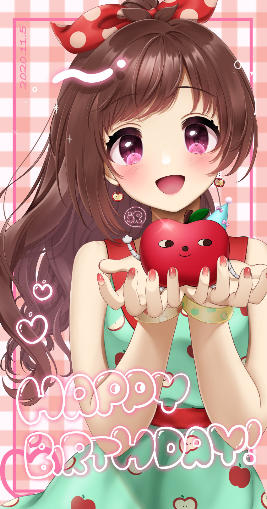 1girl :d absurdres antenna_hair apple_print bangs bare_shoulders blush bracelet brown_hair cupping_hands dated dress earrings eyebrows_visible_through_hair glint hair_ribbon happy_birthday hat heart heart_print highres idolmaster idolmaster_cinderella_girls jewelry looking_at_viewer manicure neon_lights open_mouth ouuxuuo party_hat plaid plaid_background ponytail ribbon ringorou_(idolmaster) sleeveless sleeveless_dress smile solo tsujino_akari wavy_hair