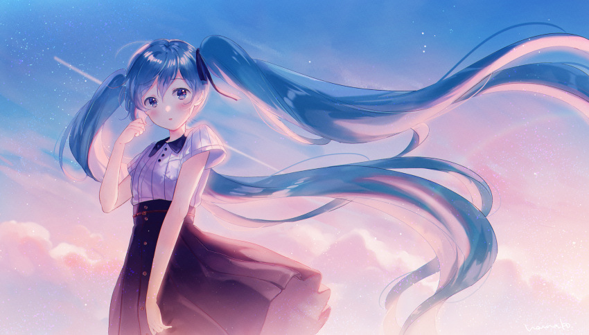 1girl bangs black_ribbon black_skirt blue_eyes blue_hair clouds collared_shirt condensation_trail floating_hair hanako151 hatsune_miku high-waist_skirt highres long_hair looking_at_viewer outdoors ribbon shirt short_sleeves skirt sky solo star_(sky) starry_sky sunset twintails very_long_hair vocaloid white_shirt