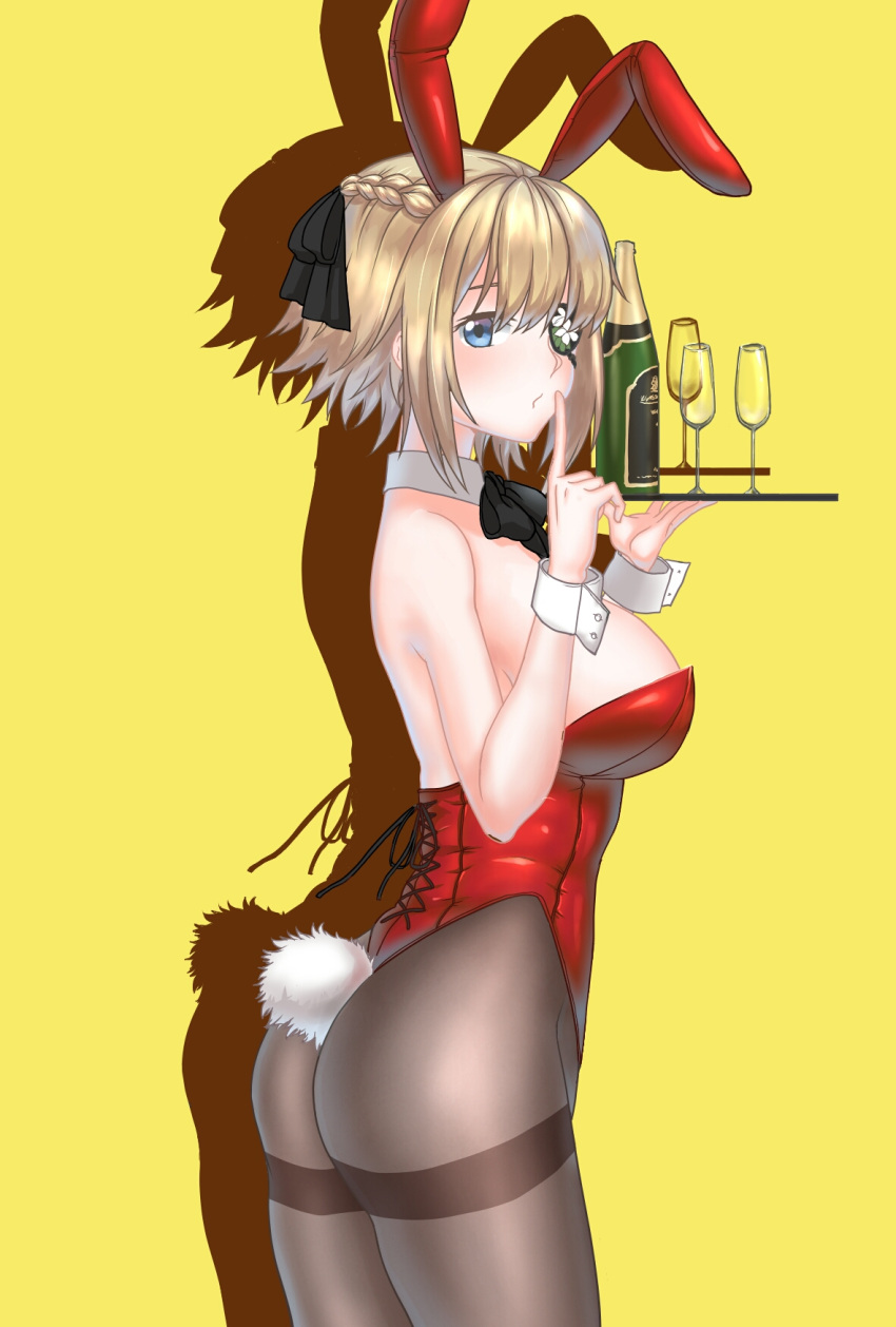 1girl alternate_costume ass blonde_hair blue_eyes bottle braid breasts brown_legwear bustier champagne_flute cowboy_shot cup drinking_glass drop_shadow eyepatch finger_to_mouth french_braid from_side hair_ribbon heitaheitang123 highres large_breasts pantyhose playboy_bunny prince_of_wales_(warship_girls_r) ribbon short_hair_with_long_locks shushing simple_background solo thighband_pantyhose thighs tray warship_girls_r wine_bottle wrist_cuffs yellow_background