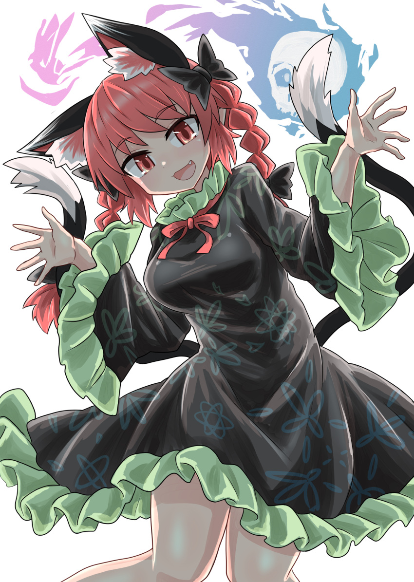 1girl :3 :d animal_ear_fluff animal_ears black_dress bow braid breasts cat_ears cat_tail chups cowboy_shot dress extra_ears eyebrows_visible_through_hair fang frilled_dress frilled_sleeves frills hair_bow highres hitodama kaenbyou_rin long_sleeves looking_at_viewer medium_breasts multiple_tails neck_ribbon nekomata open_mouth red_eyes red_neckwear red_ribbon redhead ribbon shade side_braids simple_background smile solo standing tail touhou twin_braids two_tails white_background white_bow wide_sleeves