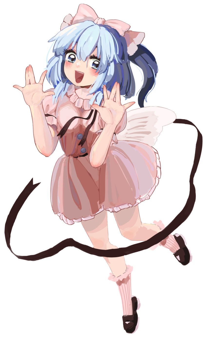 1girl :d \||/ absurdres bangs black_footwear black_ribbon blue_eyes blue_hair blush bobby_socks bow breasts buttons commentary_request dress eyebrows_behind_hair frills full_body hair_between_eyes hair_bow hands_up highres housulu looking_at_viewer mai_(touhou) open_mouth petticoat pink_bow pink_dress puffy_short_sleeves puffy_sleeves ribbon short_hair short_sleeves simple_background small_breasts smile socks solo standing standing_on_one_leg touhou touhou_(pc-98) white_background white_legwear