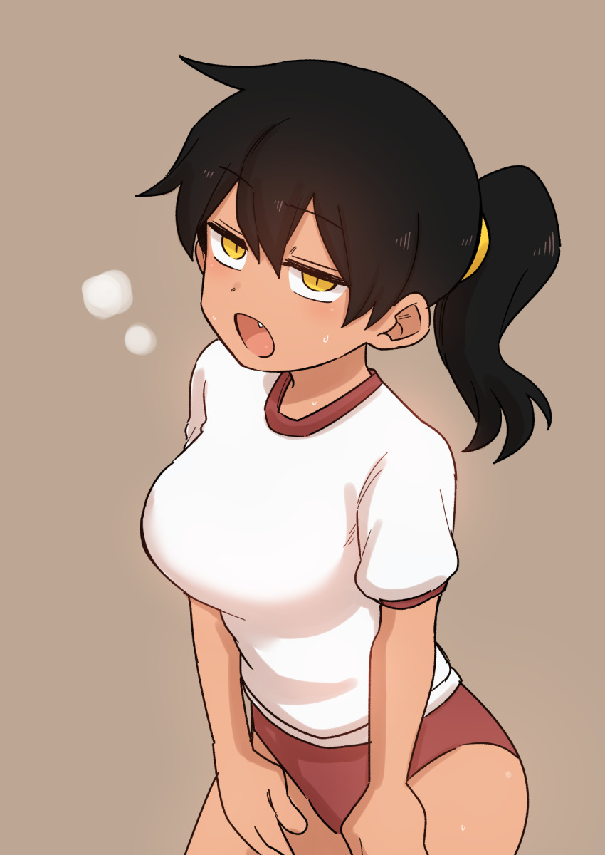 1girl black_hair blush breasts breath buruma commentary fang gym_shirt gym_uniform hairband heavy_breathing high_ponytail highres kurobe_natsumi_(shiromanta) large_breasts red_buruma senpai_ga_uzai_kouhai_no_hanashi shiromanta shirt short_hair short_sleeves slit_pupils sweat white_shirt yellow_eyes younger