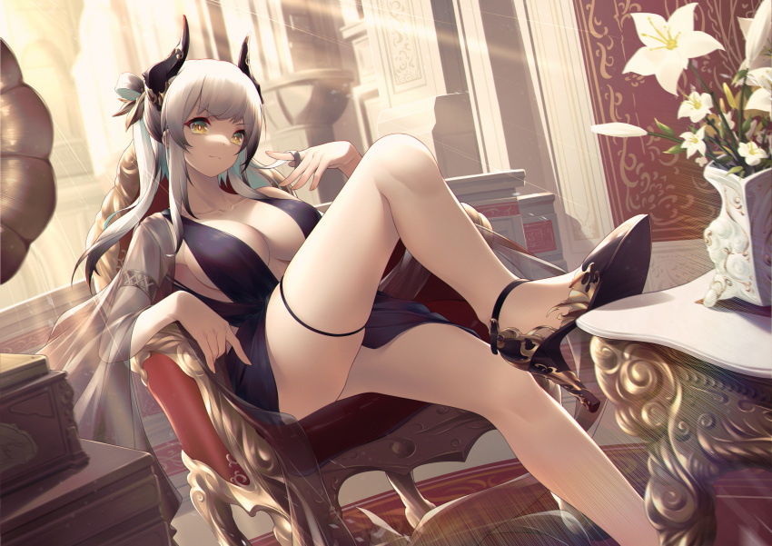 1girl absurdres arknights bangs bare_legs bare_shoulders black_footwear black_hair breasts chair closed_mouth collarbone dress eyebrows_visible_through_hair flower gradient_hair hair_ornament high_heels highres horns jiusan_naitan large_breasts liskarm_(arknights) long_hair looking_at_viewer multicolored_hair no_socks sitting smile table two-tone_hair white_hair yellow_eyes