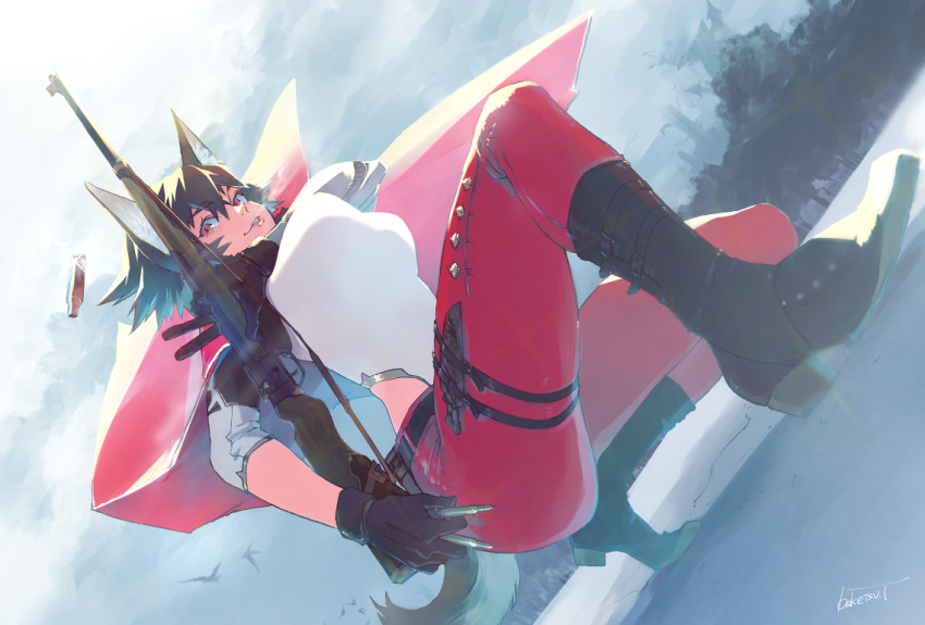 1girl animal_ears bad_anatomy baketu_onion belt black_footwear black_gloves black_hair boots breasts bullet cape domira_(pixiv_fantasia_last_saga) dutch_angle full_body gloves gun hair_between_eyes hand_up holding holding_gun holding_weapon knife large_breasts looking_at_viewer outdoors pants pixiv_fantasia pixiv_fantasia_last_saga red_cape red_eyes red_pants sheath sheathed shirt short_hair squatting tail weapon white_shirt