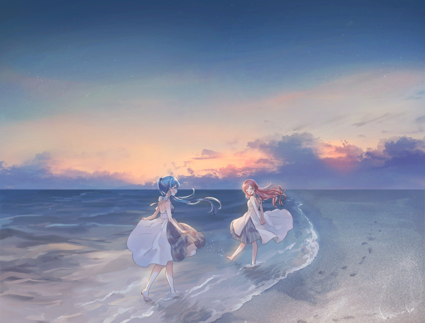 2girls arms_behind_back bare_legs barefoot beach blue_hair blush bow bow_dress clouds dress floating_hair footprints hanako151 hatsune_miku highres long_hair looking_at_another megurine_luka multiple_girls ocean open_mouth outdoors redhead signature skirt_hold sky smile splashing star_(sky) striped sunrise twintails vertical-striped_dress vertical_stripes vocaloid white_bow white_dress