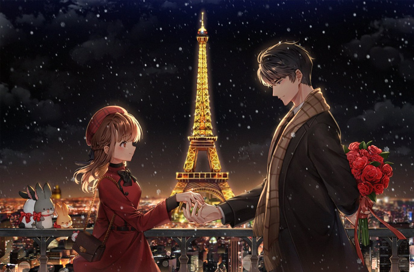 1boy 1girl arm_behind_back bag black_hair bouquet braid brown_hair brown_scarf cityscape coat eiffel_tower eye_contact flower handbag hat hetero iji_(u_mayday) li_zeyan long_hair looking_at_another love_and_producer night night_sky outdoors protagonist_(love_and_producer) railing red_headwear scarf short_hair sky snowing